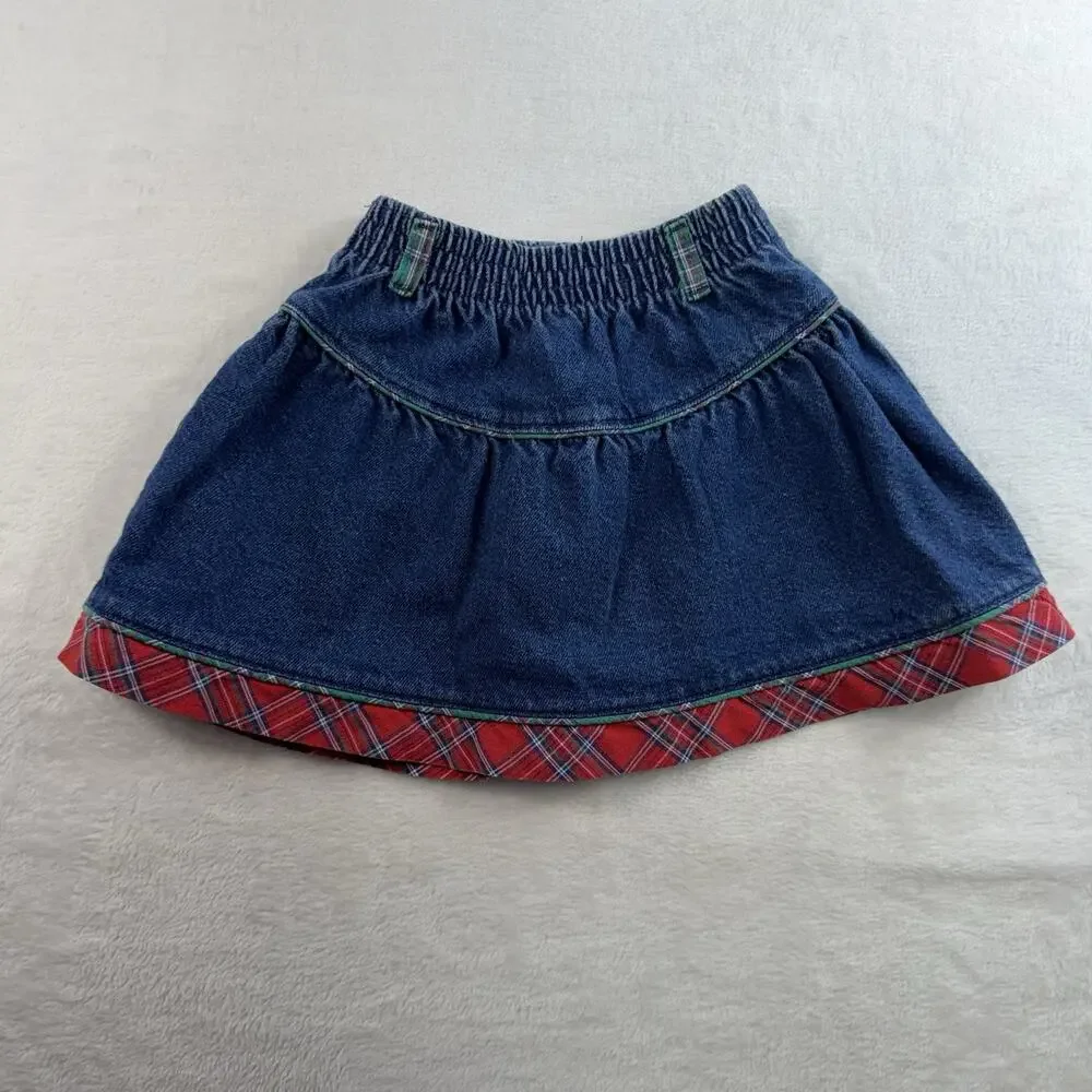 Vtg 90s OshKosh Girls 4 Denim Skirt Gingham Red Plaid‎ Trim Pull On USA Cotton